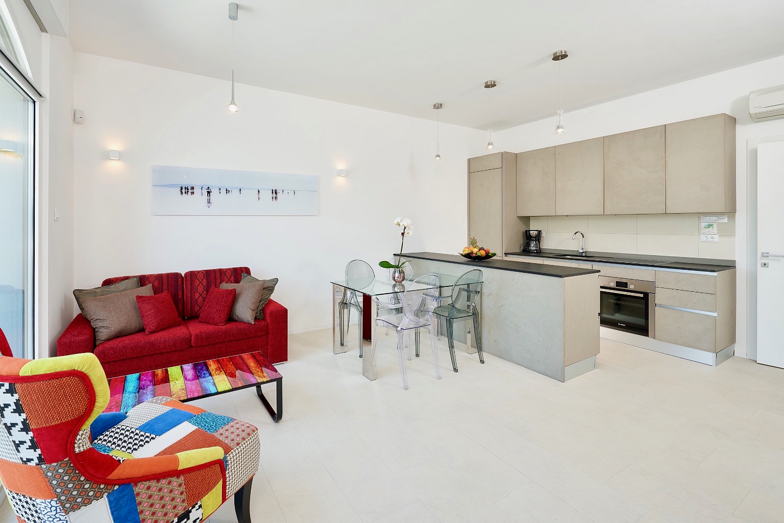 Downstairs kitchen and sofa area